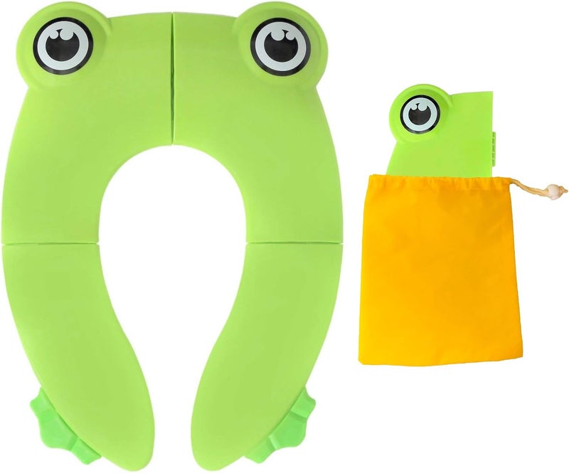 Pokanic Toilet Potty Training Seat Cover, Travel Toilet Seat, Folding Non Slip Silicone Pads, Travel Portable Reusable Kids Toddlers Boys Girls, Carry Bag (Green - Frog) - Image 1